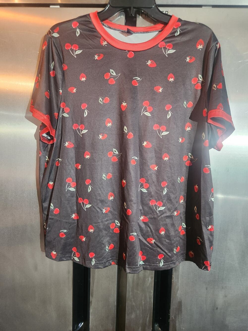 Shein Black Cherry Strawberry Print Ringer T-Shirt Size XL